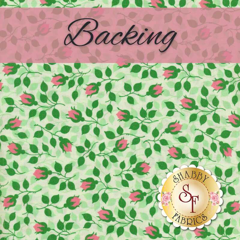 A swatch of cream fabric with green rose vines with pink buds. A muted pink banner at the top reads 