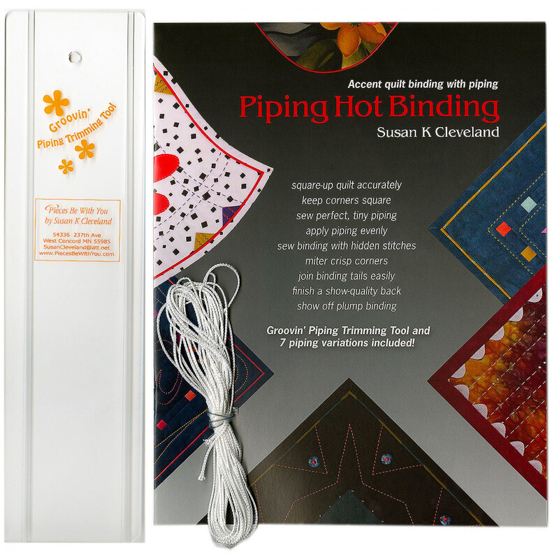 Front cover of Piping Hot Binding Tool Kit with a bundle of piping, ruler, and pattern