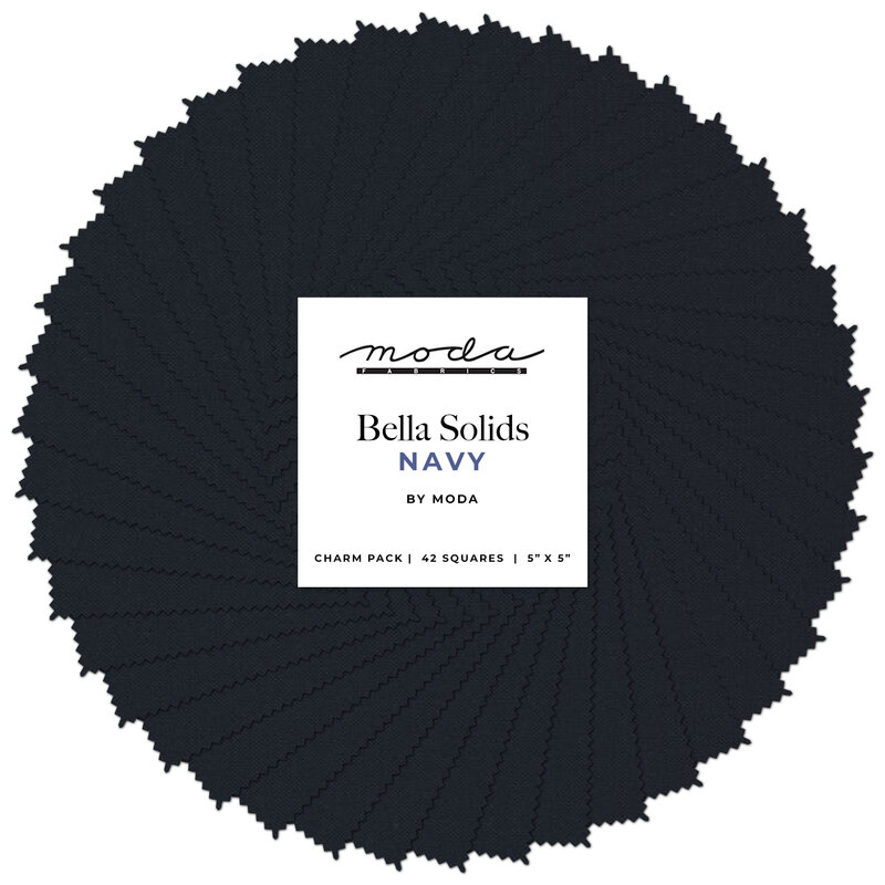 A spiraled collage of navy fabrics included in the Bella Solids Charm Pack by Moda Fabrics