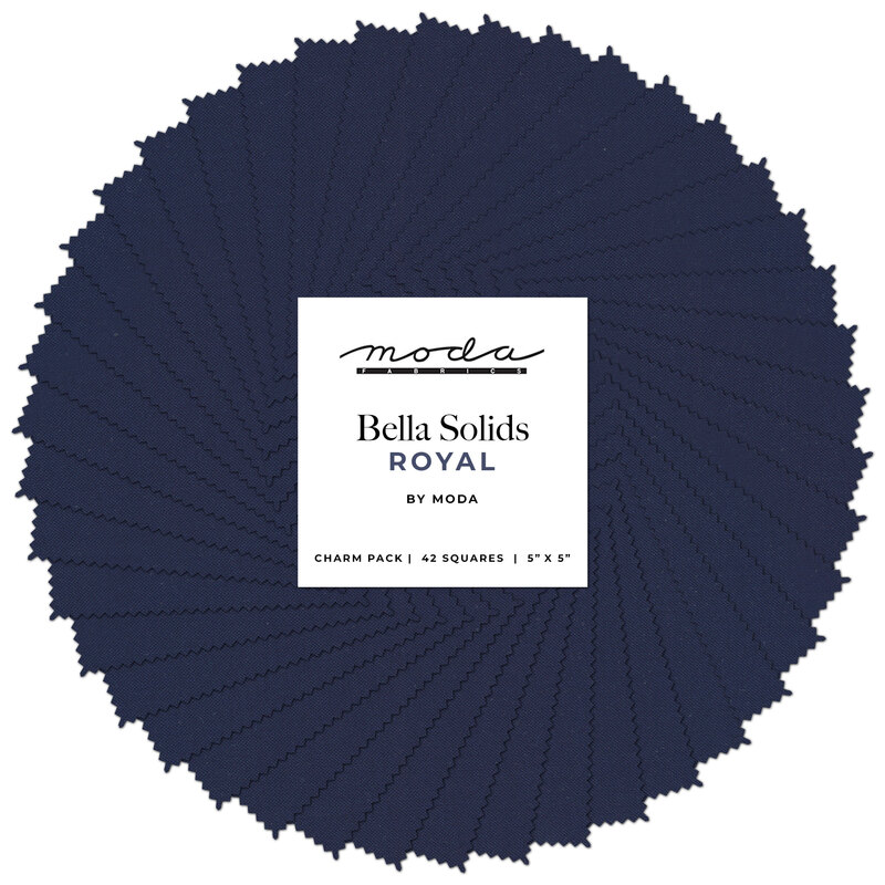 A spiraled collage of dark blue fabrics included in the Bella Solids Charm Pack by Moda Fabrics