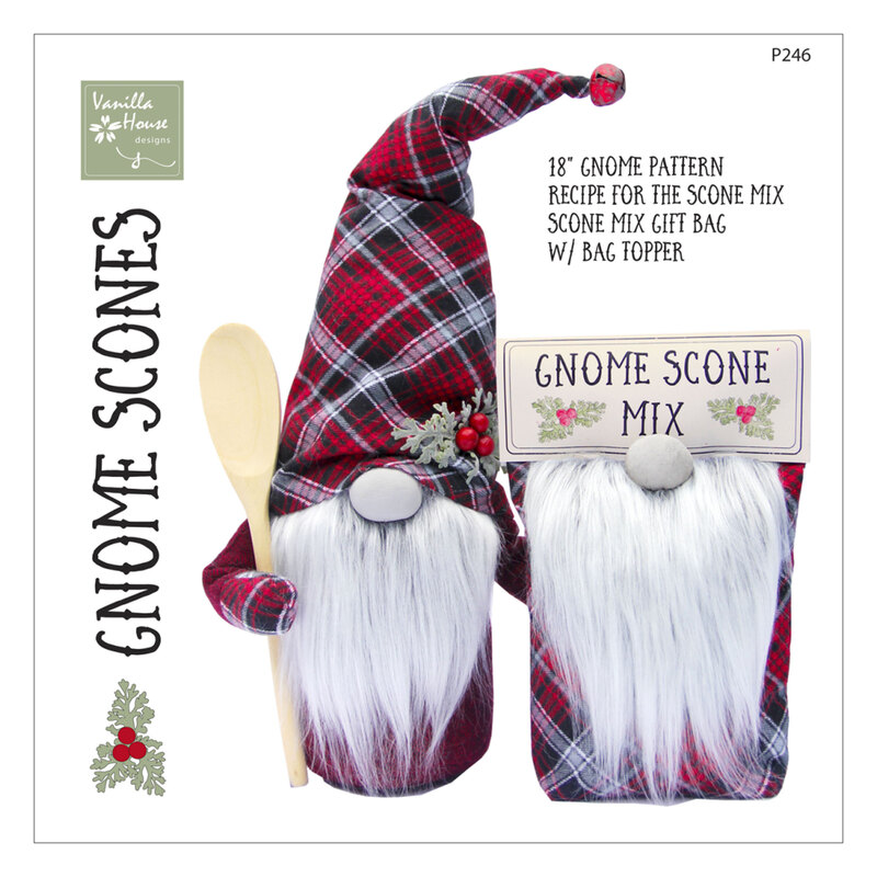 Front of gnome scones pattern, featuring 2 small bearded gnomes with red plaid hats
