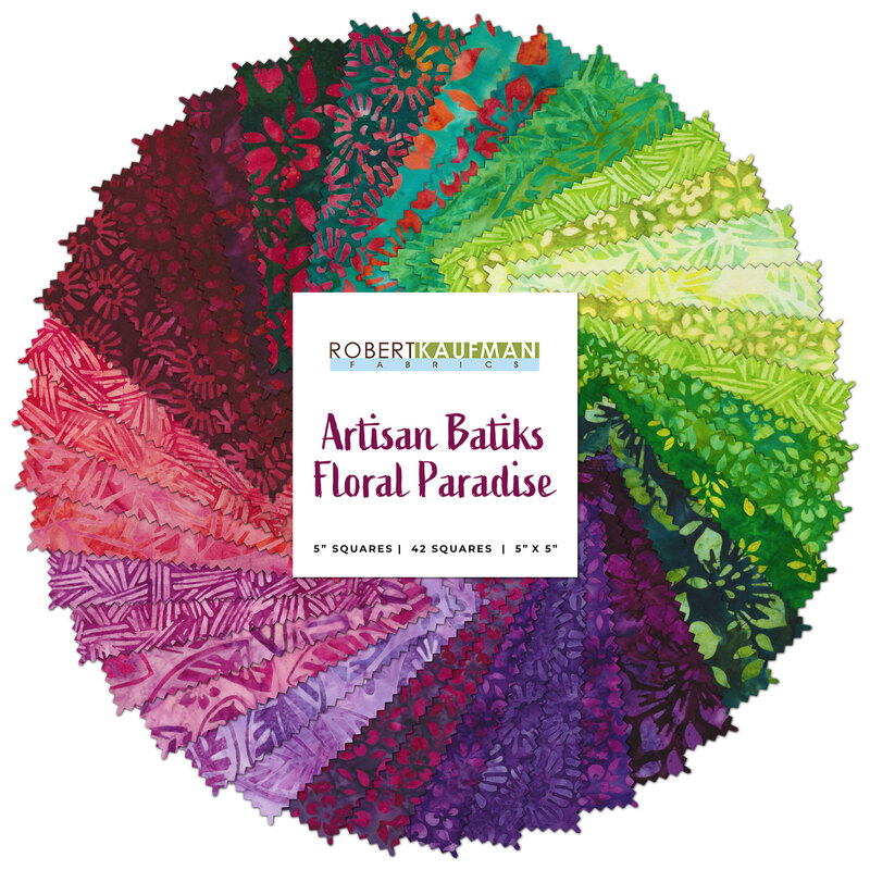 collage of all fabrics included in Artisan Batiks Floral Paradise Charm Pack