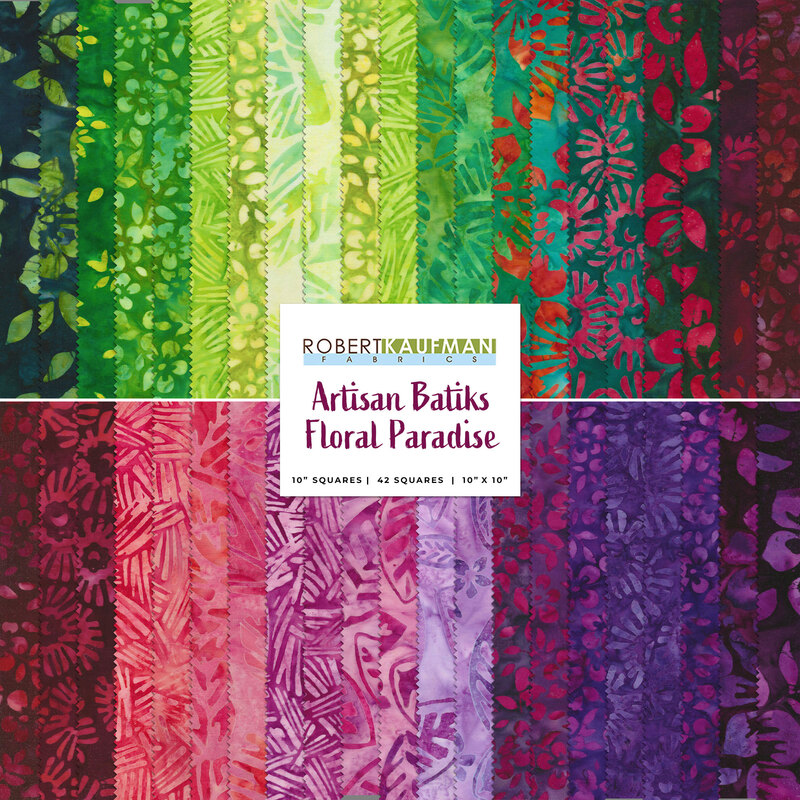 Collage of all fabrics included in Artisan Batiks Floral Paradise layer cake