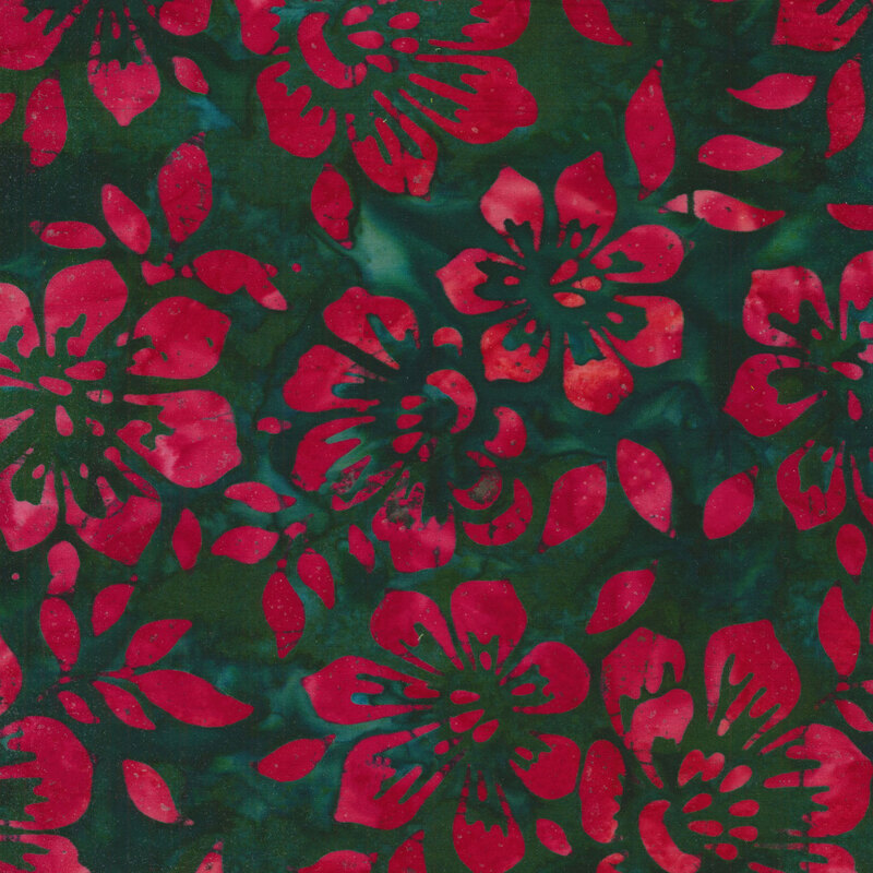 Fabric with bright red florals on a marbled green background
