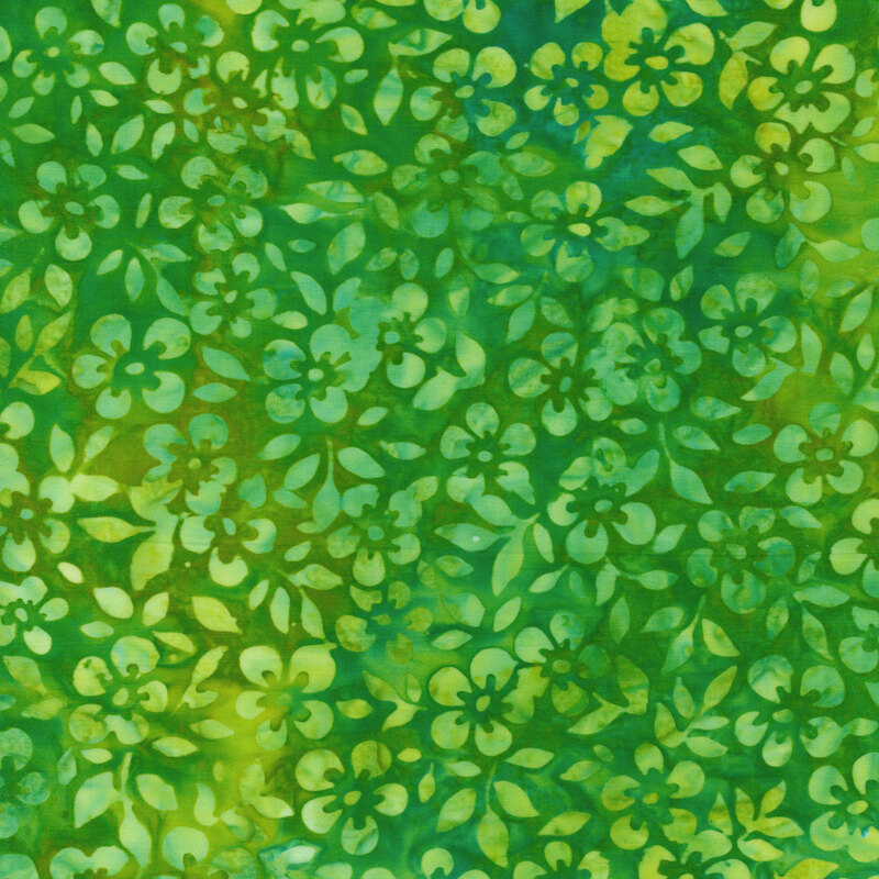 Fabric packed with purple green/aqua flowers on a dark lime green background
