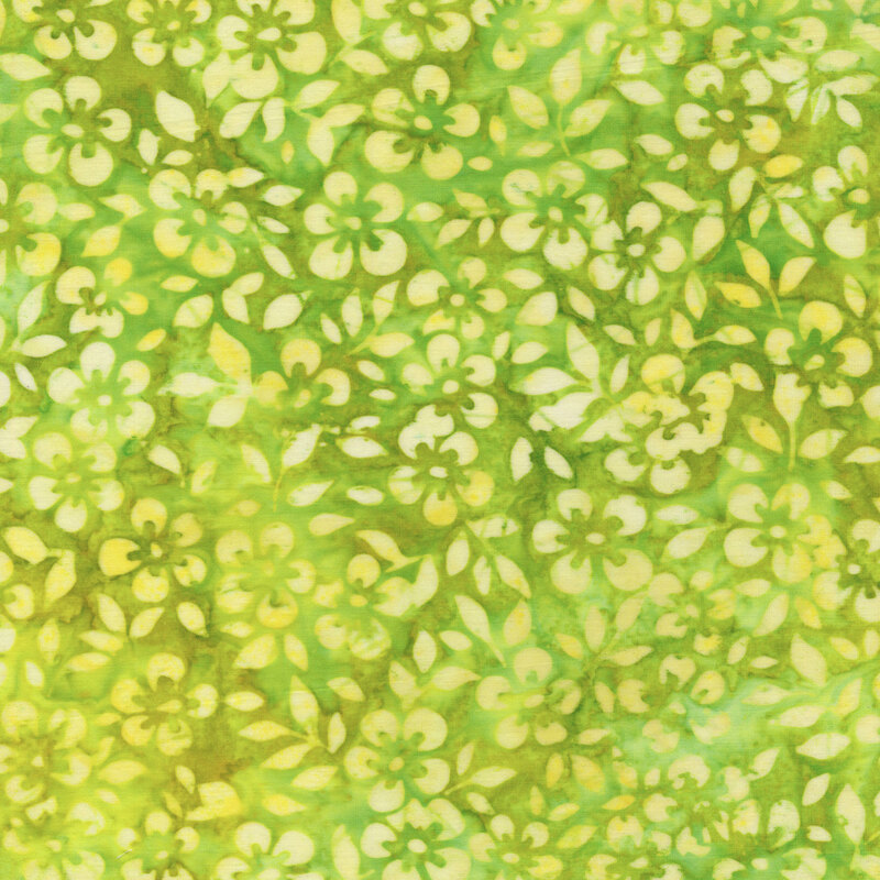 Fabric with packed yellow-green flowers on a lime green background