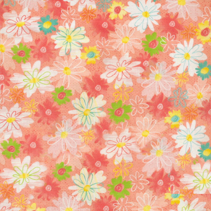 Coral pink fabric with hand drawn stylized pink, white, green, and blue flowers all over