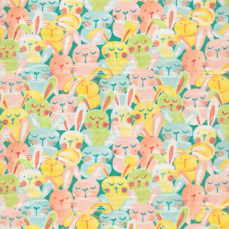 Packed stylized bunnies in different colors on a teal background
