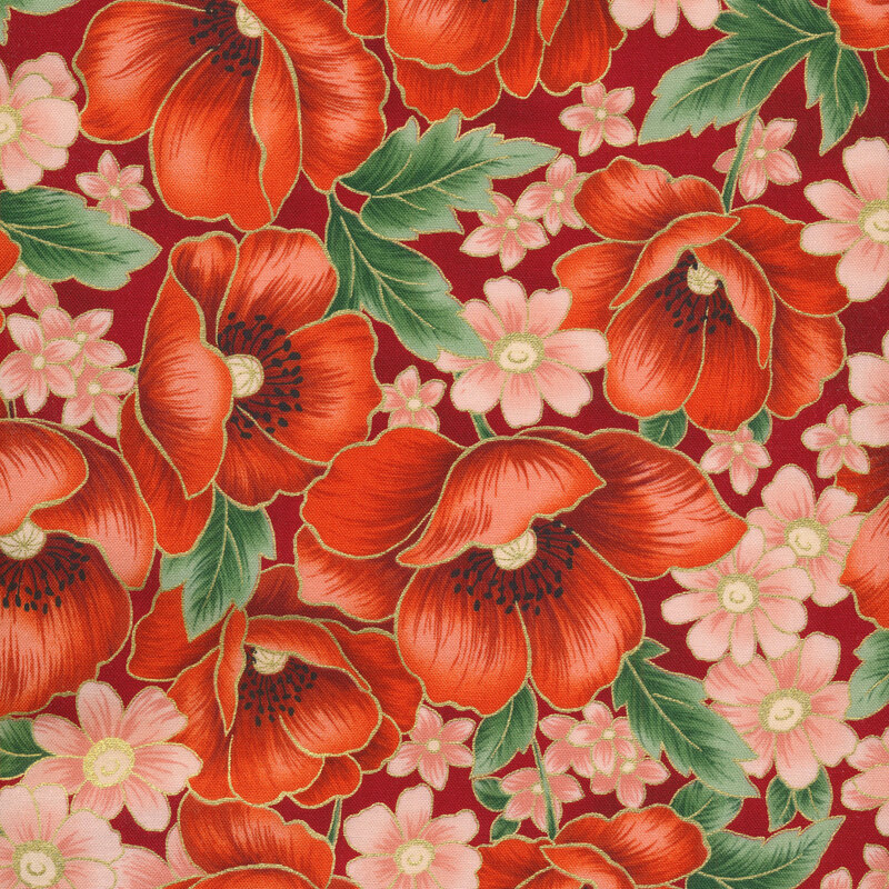 Red floral fabric decorated with reddish orange poppies and light pink daisies