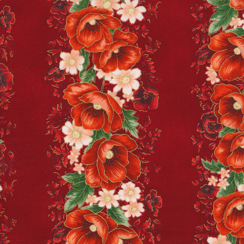 Red floral fabric decorated with stripes of reddish orange poppies and light pink daisies