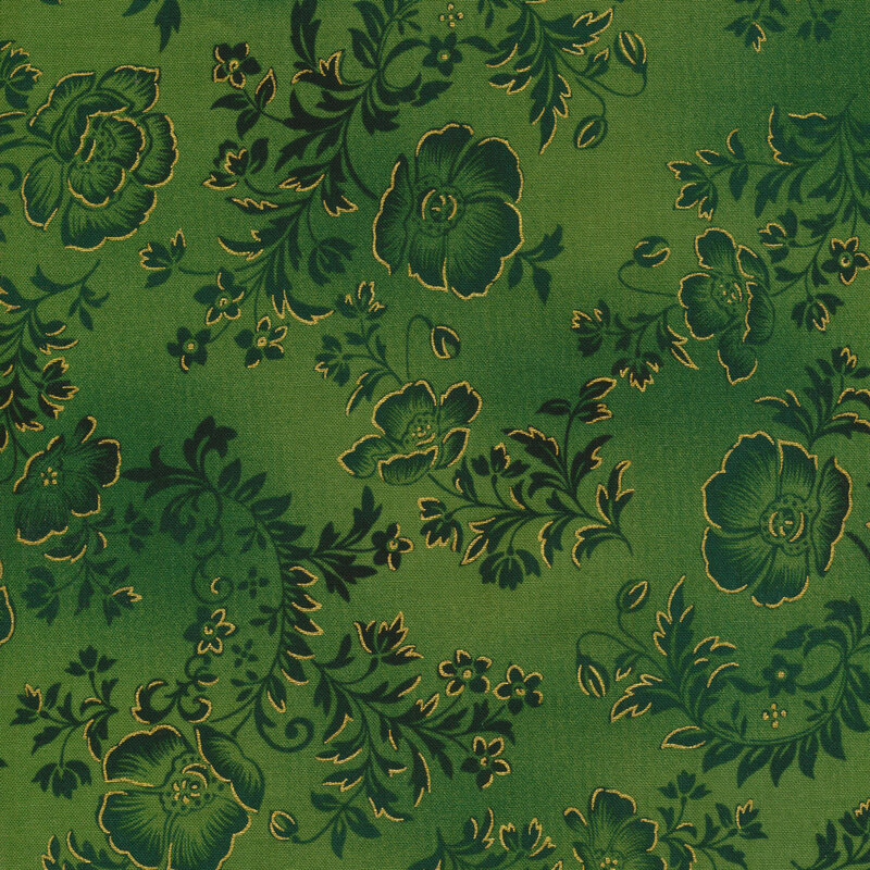 Green fabric with tonal flowers and leaves swirling across it, decorated with gold accents