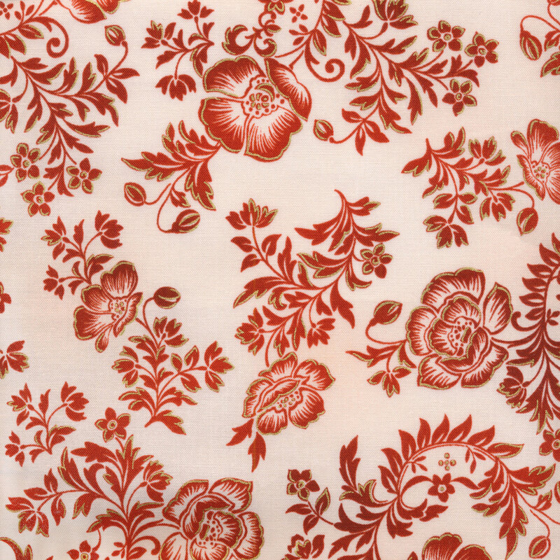 Cream fabric with red flowers and leaves swirling across it, decorated with gold accents