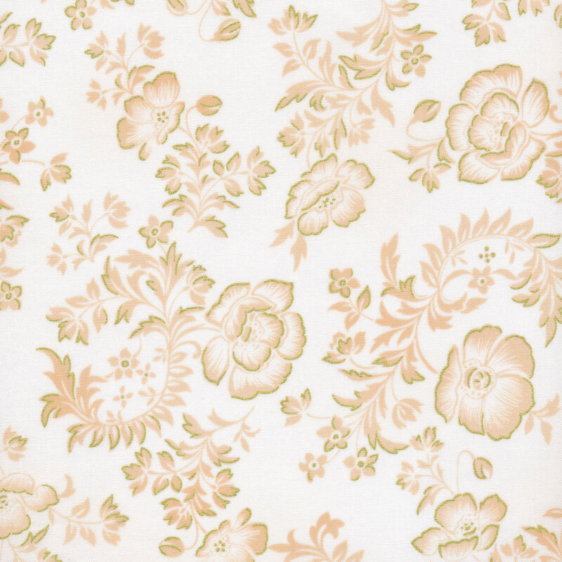 Cream fabric with light pink flowers and leaves swirling across it, decorated with gold accents