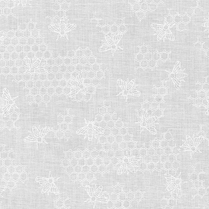 digital image of white-on-white fabric with bees and honeycomb on a white background
