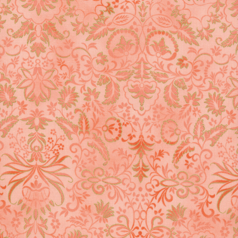 Pink fabric with tonal floral patterns swirling across it and gold accents