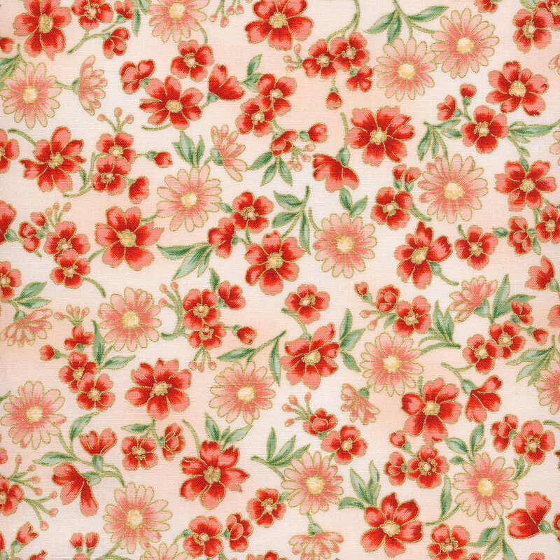 cream fabric covered in red and pink flowers, scattered with green stems and leaves