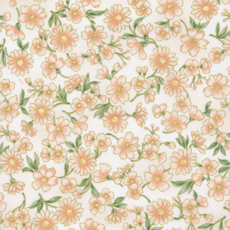 cream fabric covered in pink flowers, scattered with green stems and leaves