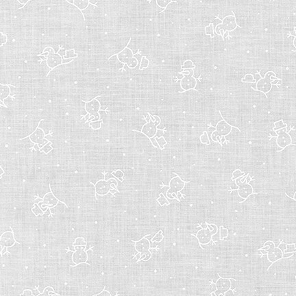 digital image of white tossed adorable snowmen on a white background fabric