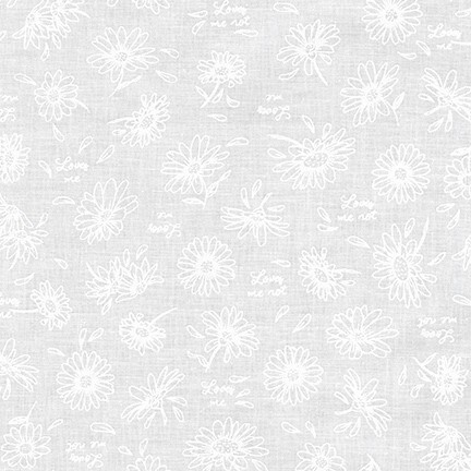 digital image of tossed daisies and petals in white on a white background fabric
