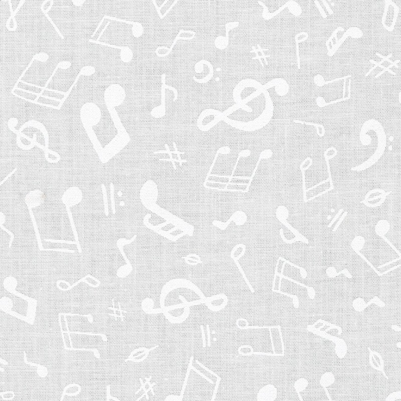 digital image of white music notes tossed on a white background fabric