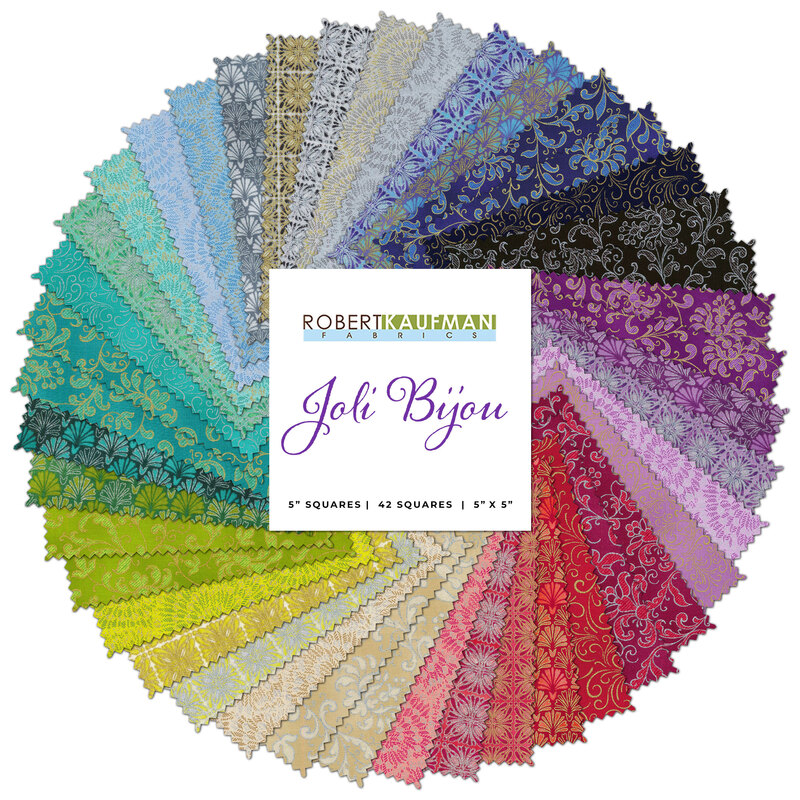 collage of all fabrics included in Joli Bijou charm pack