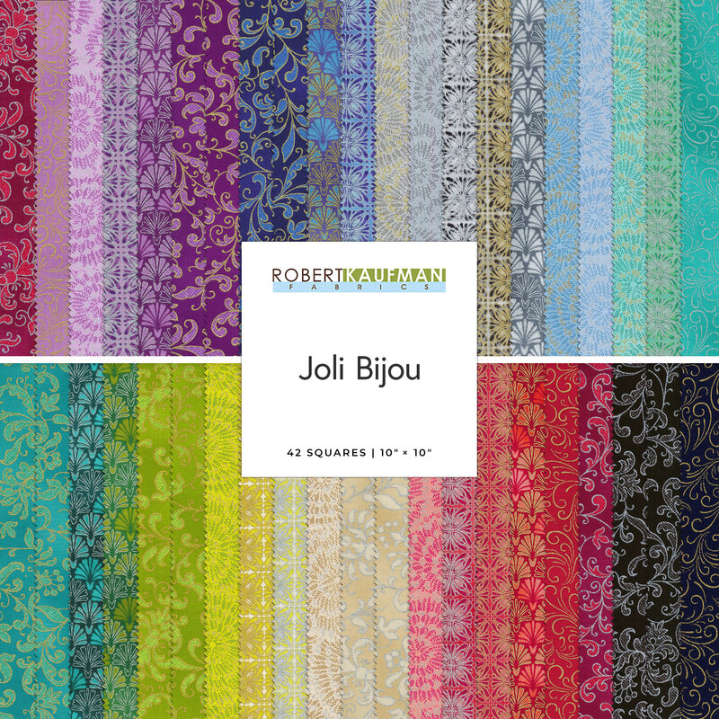 collage of all fabrics included in Joli Bijou layer cake