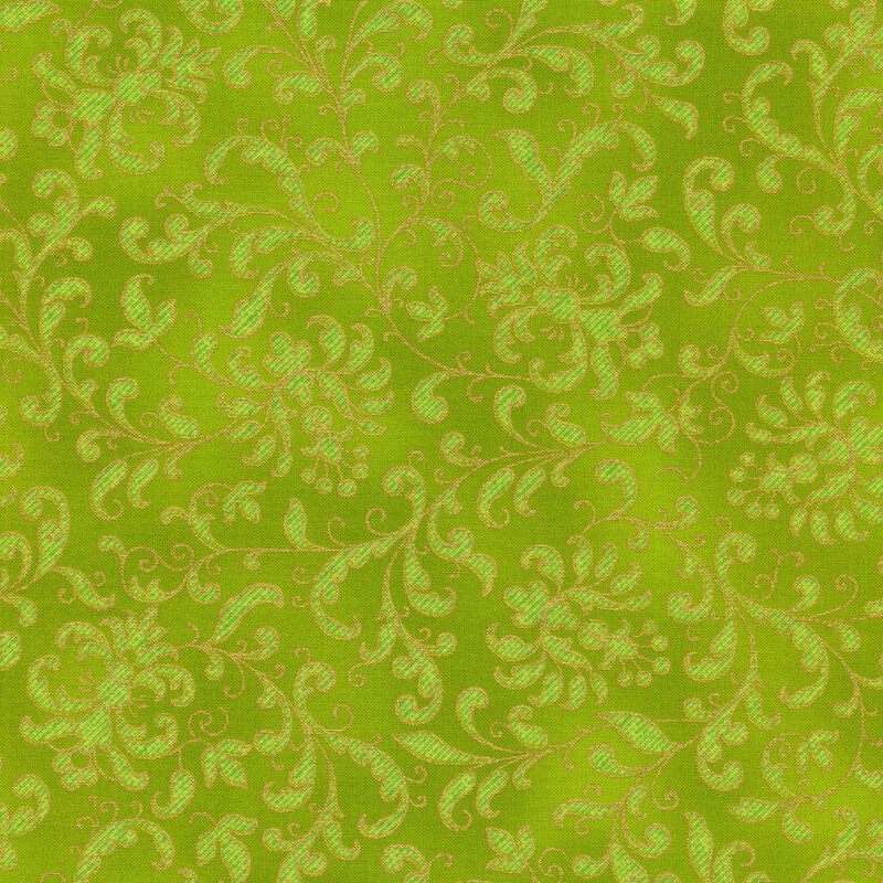 Lime green fabric with light green floral filigree and swirls all over, edged with gold metallic accents