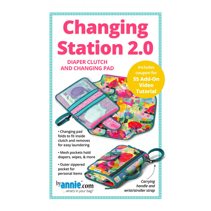Image of Changing Station 2.0 pattern cover, featuring pictures of the finished product and general descriptions on a white background.