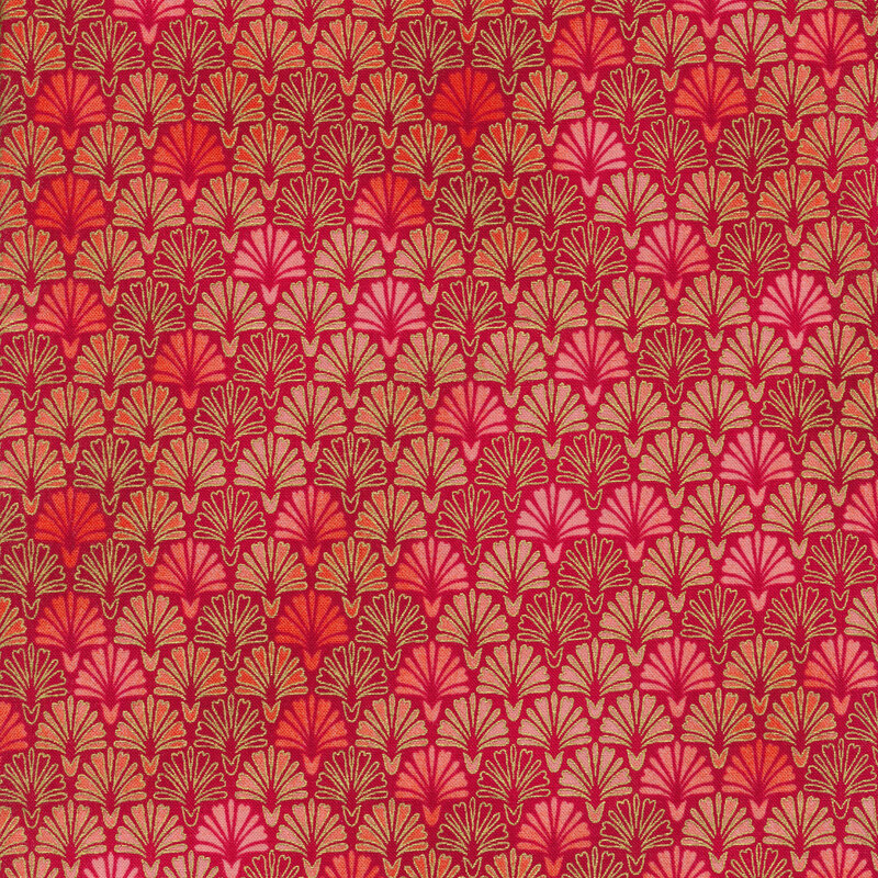 red and pink mottled fabric with orange and gold metallic outlined deco fans