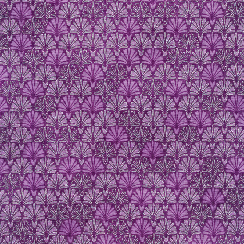 purple mottled fabric with bright purple, light purple, and silver metallic outlined deco fans