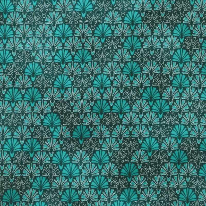 teal mottled fabric with bright teal and silver metallic outlined deco fans