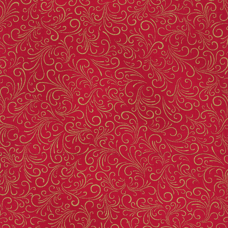 Bright red fabric with gold swirls all over
