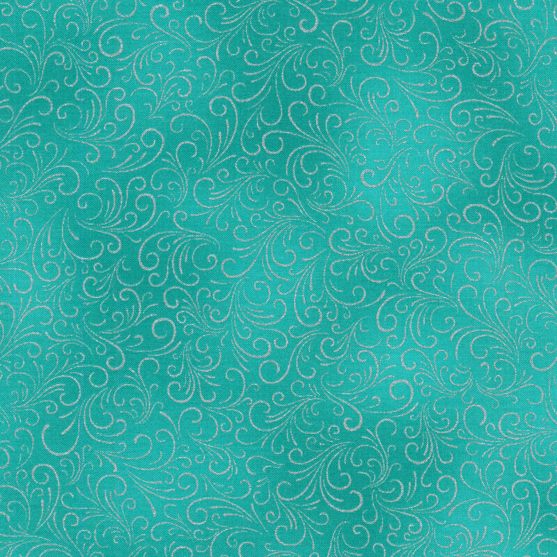 aqua mottled fabric with silver swirls all over
