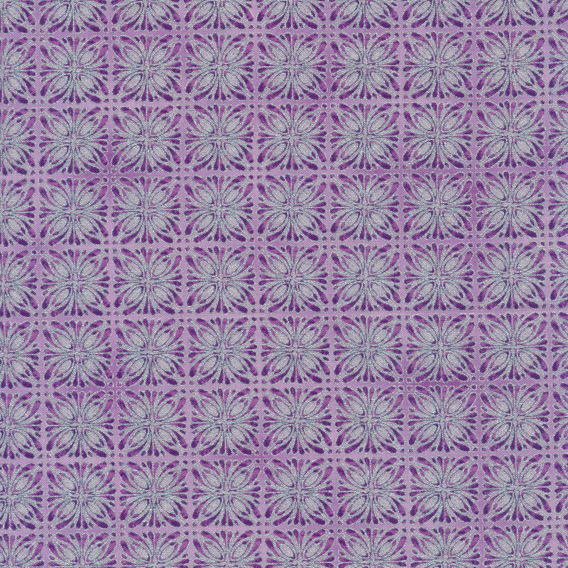 light purple fabric with kaleidoscopic square designs in silver and dark purple stacked closely together