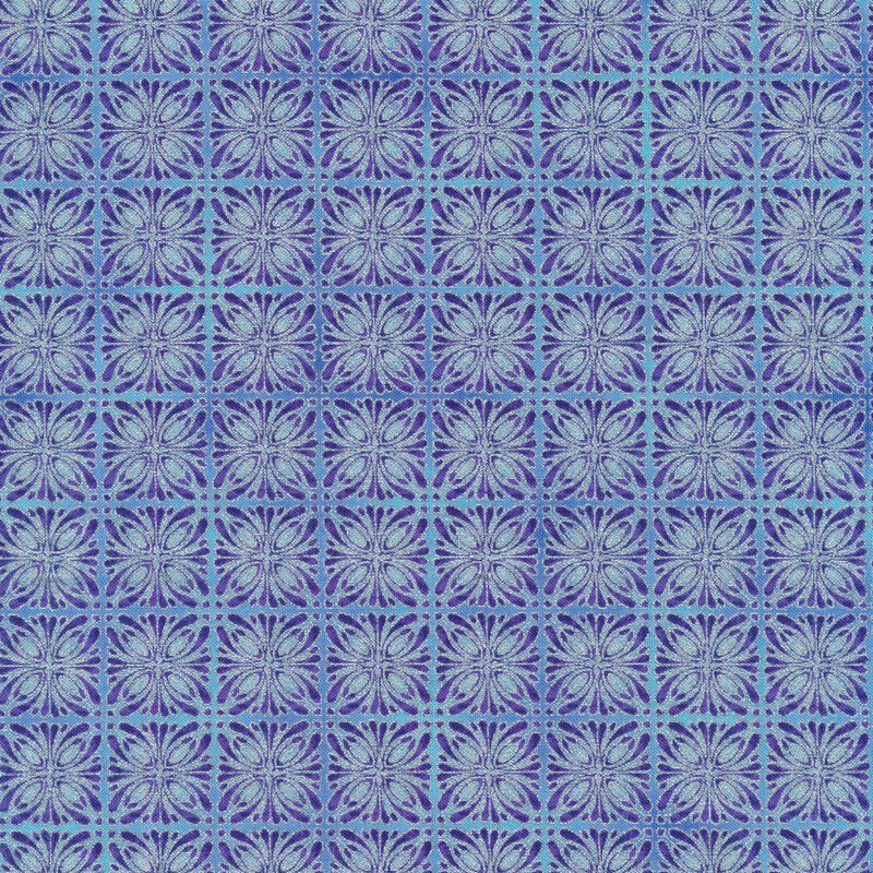 light blue fabric with kaleidoscopic square designs in silver and dark blue stacked closely together