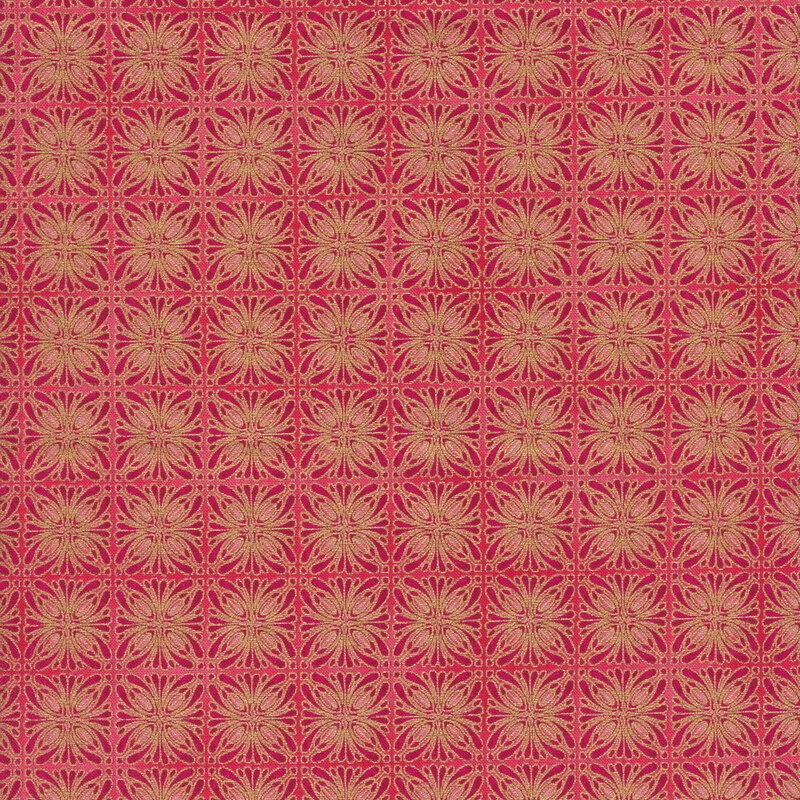 red fabric with kaleidoscopic square designs in gold and dark red stacked closely together