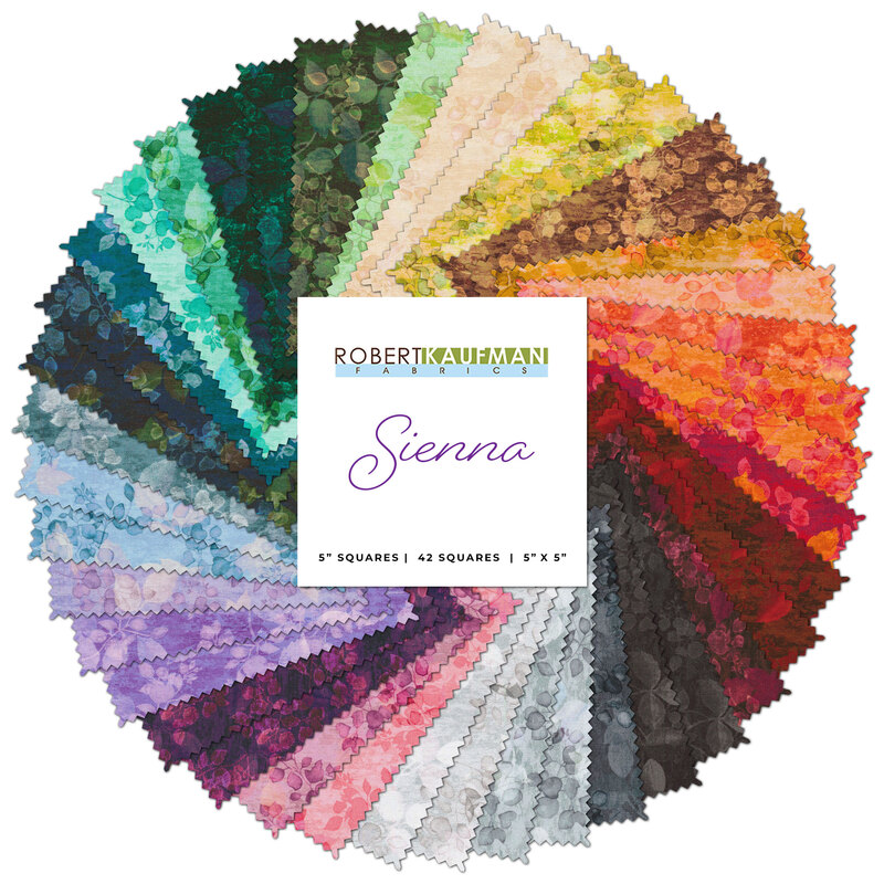 Rainbow collage of Sienna Charm squares, fanned out in a full circle with the logo in the center space!