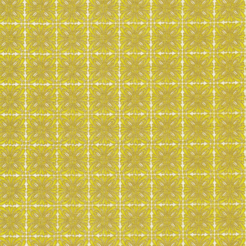 Cream fabric with kaleidoscopic square designs in gold and chartreuse stacked closely together