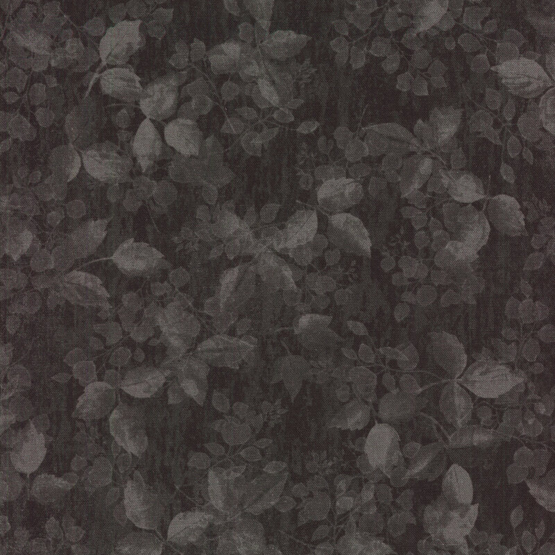 medium gray and charcoal leaves on solid black fabric