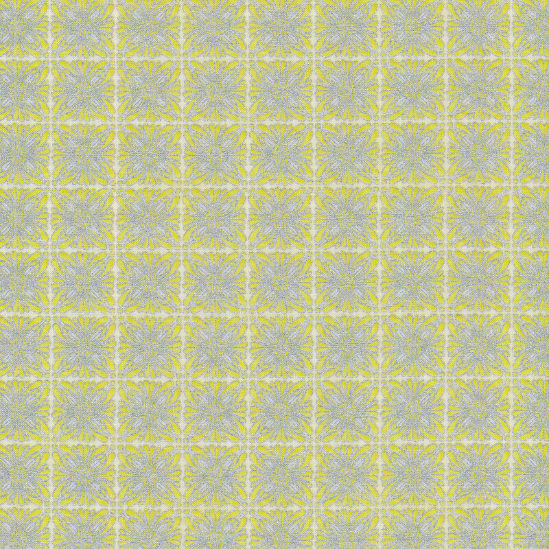Cream fabric with kaleidoscopic square designs in silver and highlighter yellow stacked closely together