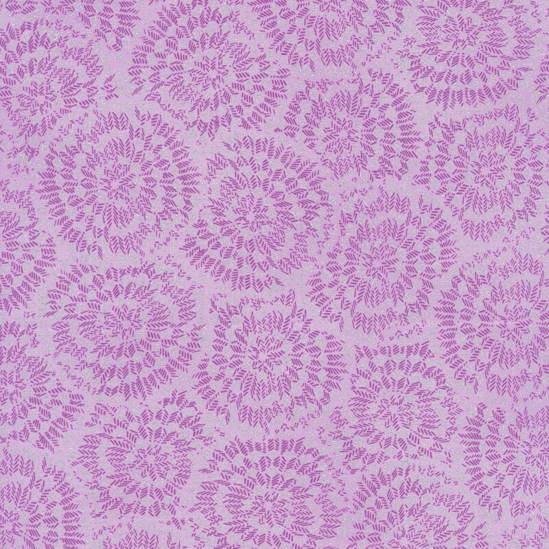 Light purple fabric with burst-like patterns made up of tiny purple chevrons and silver accents