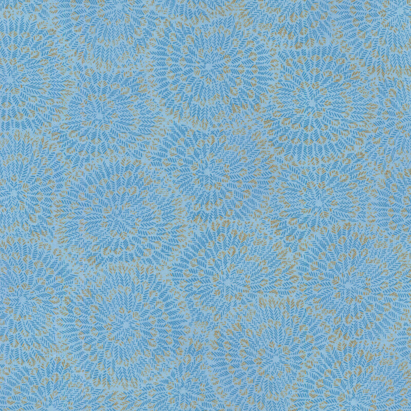 Light blue fabric with burst-like patterns made up of tiny blue chevrons and gold accents