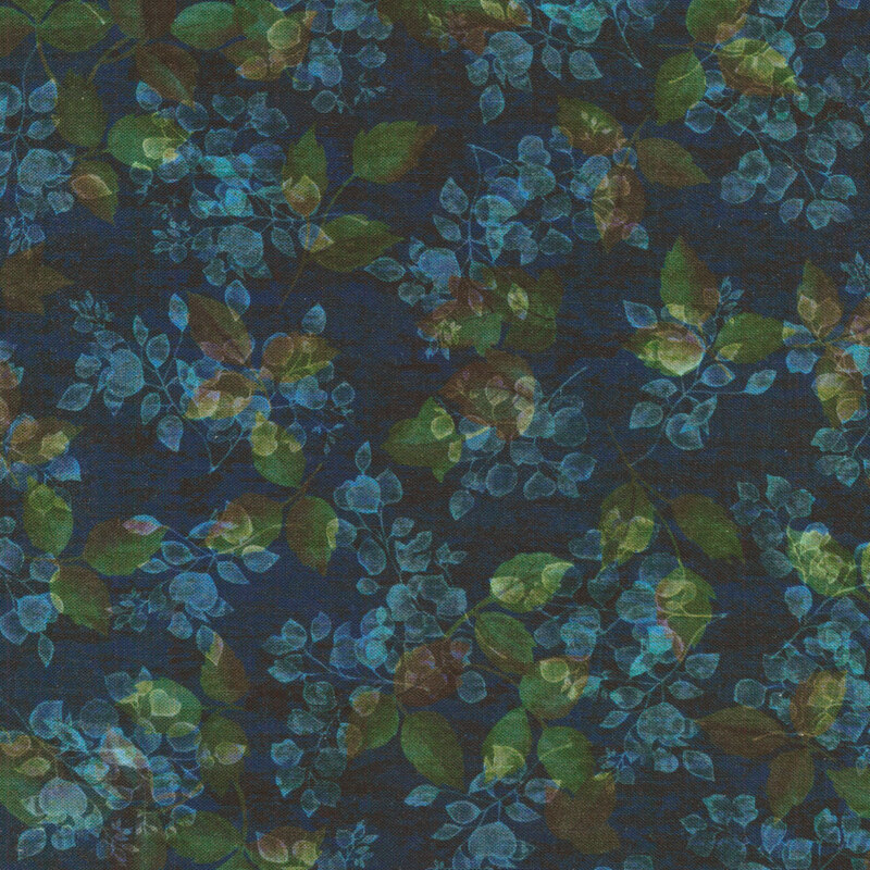 teal and bright green leaves on a navy blue background