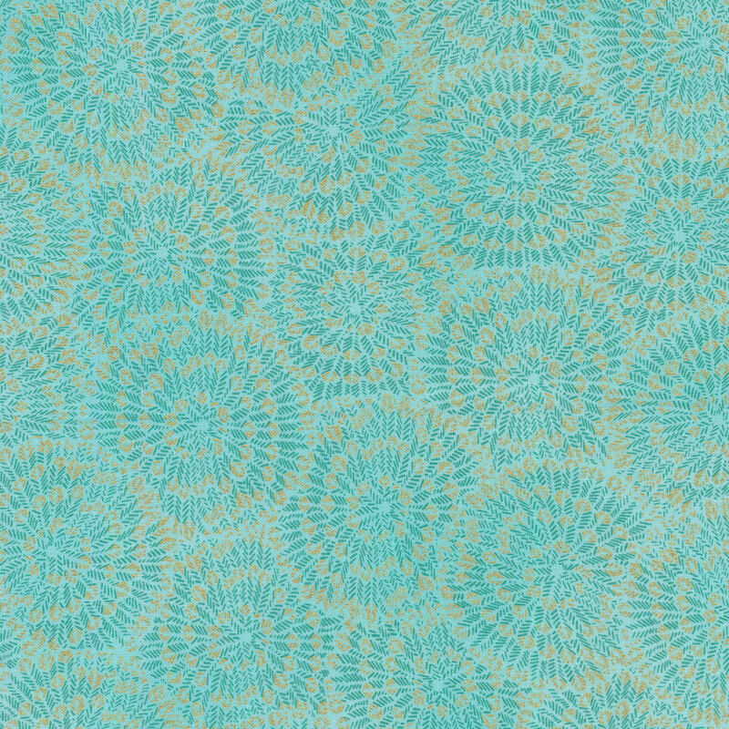 Light aqua fabric with burst-like patterns made up of tiny teal chevrons and gold accents