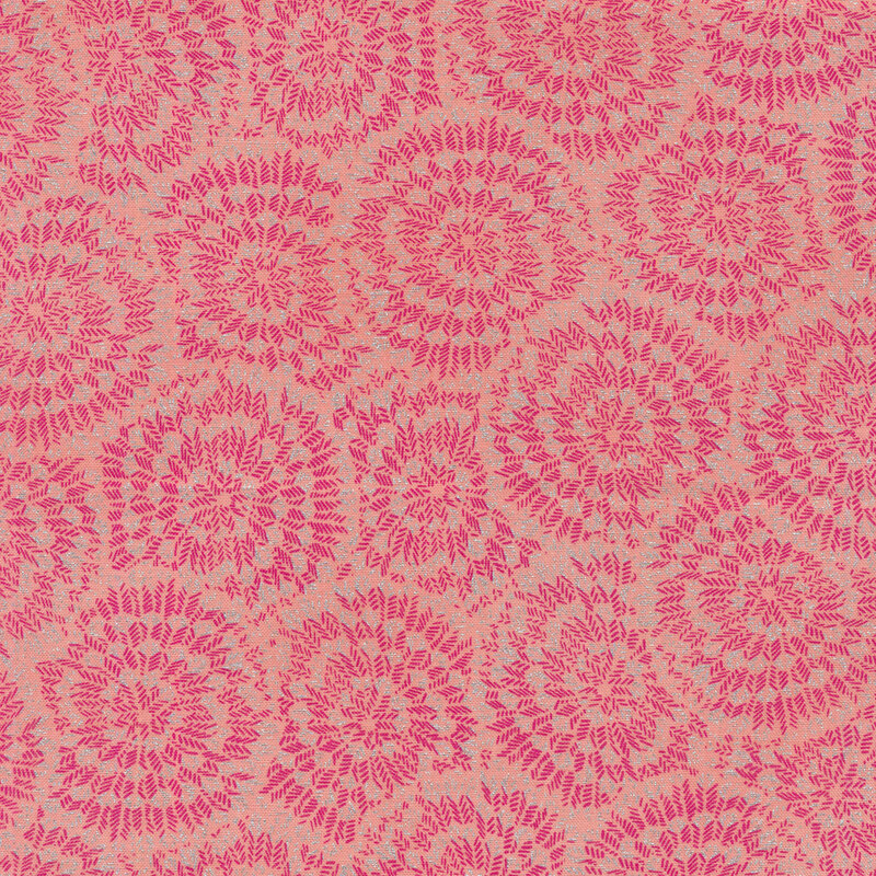 Light pink fabric with burst-like patterns made up of tiny dark pink chevrons and silver accents