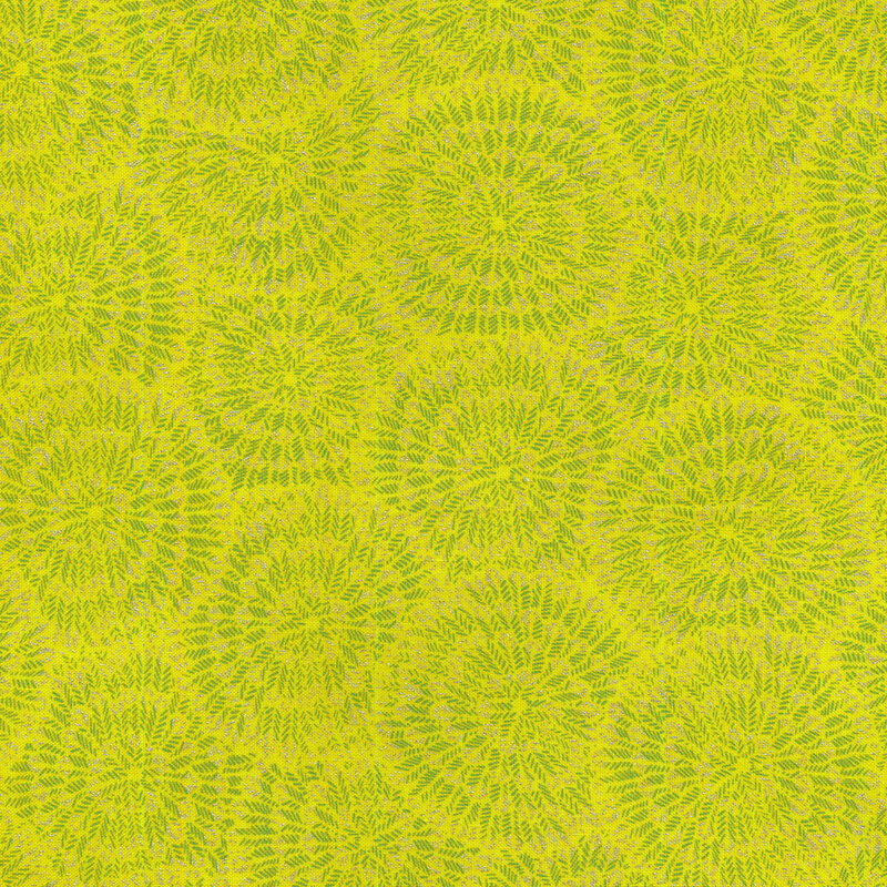 Light chartreuse fabric with burst-like patterns made up of tiny green chevrons and silver accents