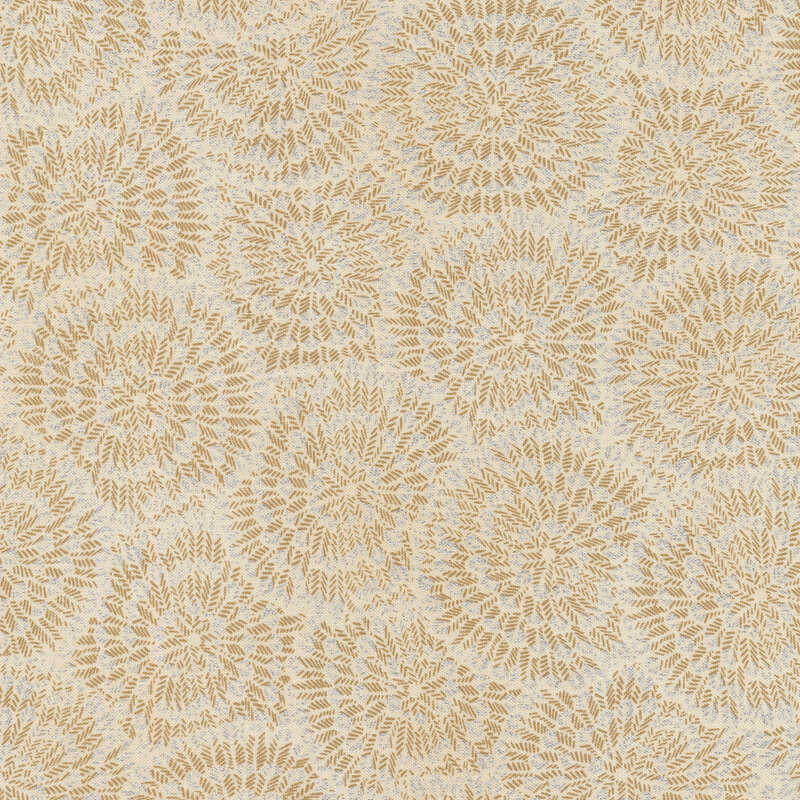 Cream fabric with burst-like patterns made up of tiny tan/gold chevrons and silver accents