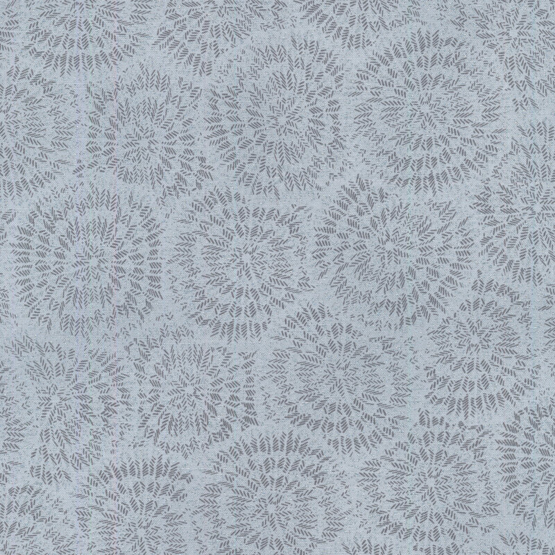 Light Gray fabric with burst-like patterns made up of tiny dark gray chevrons and silver accents