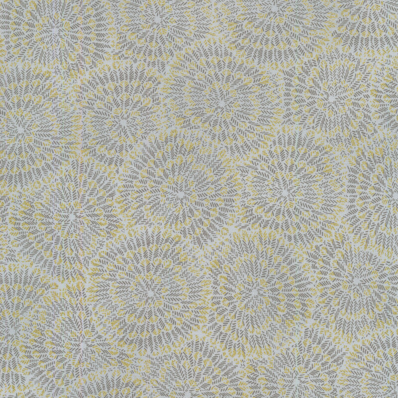 Light Gray fabric with burst-like patterns made up of tiny dark gray chevrons and gold accents