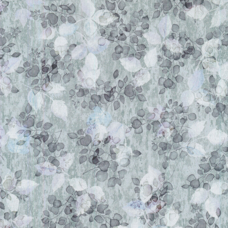 tonal aqua blue gray colors in a leafy print